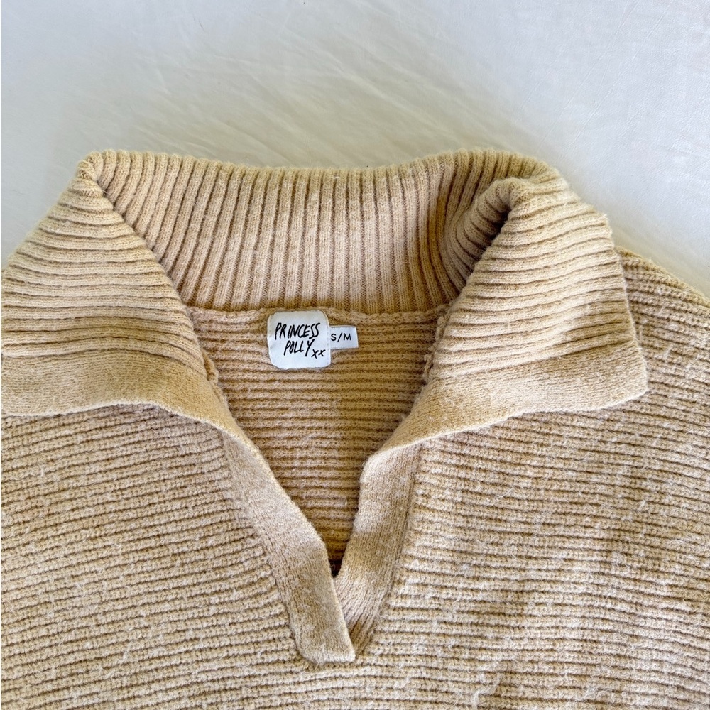 Princess Polly Beige Knit Collared Crop Sweater - Picture 2 of 4